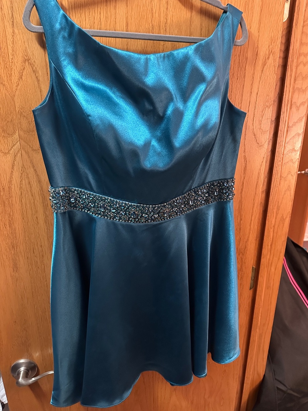 Satin Beaded Waist Teal Mini Dress